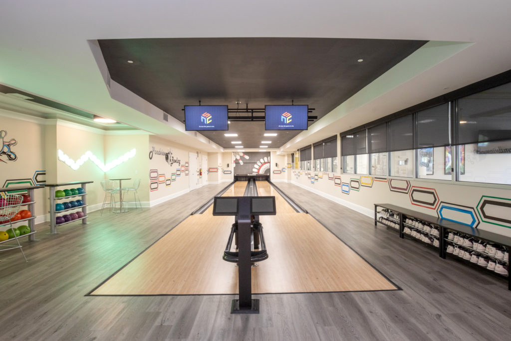 An overview of 2 bowling alley lanes at Pondview Estates