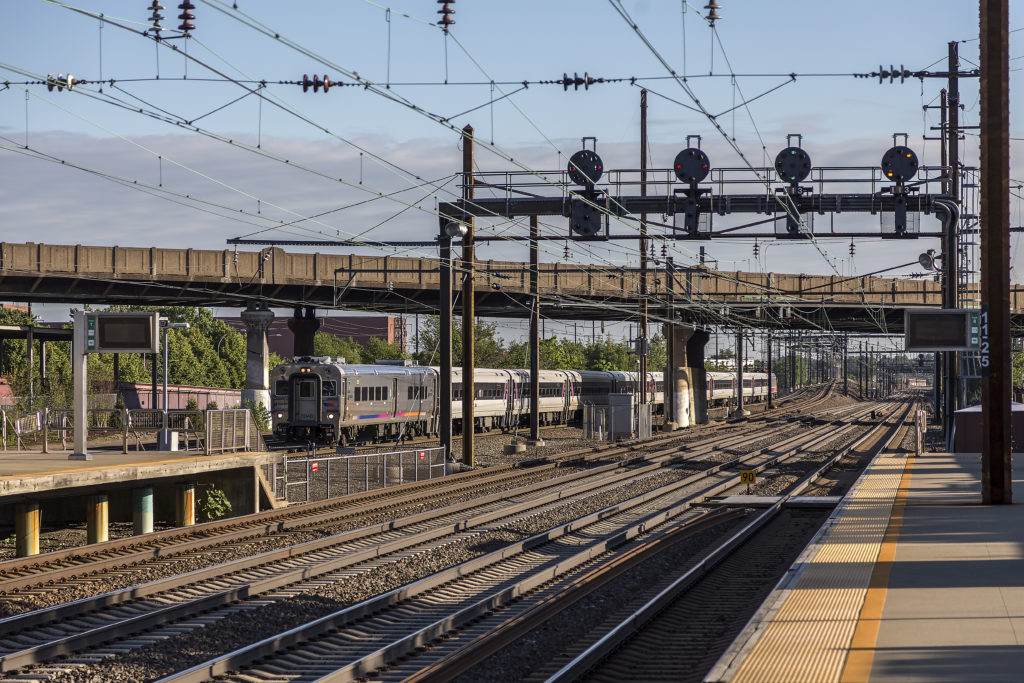 NJ Transit trains and lots of tracks near Newark Airport Station in NJ