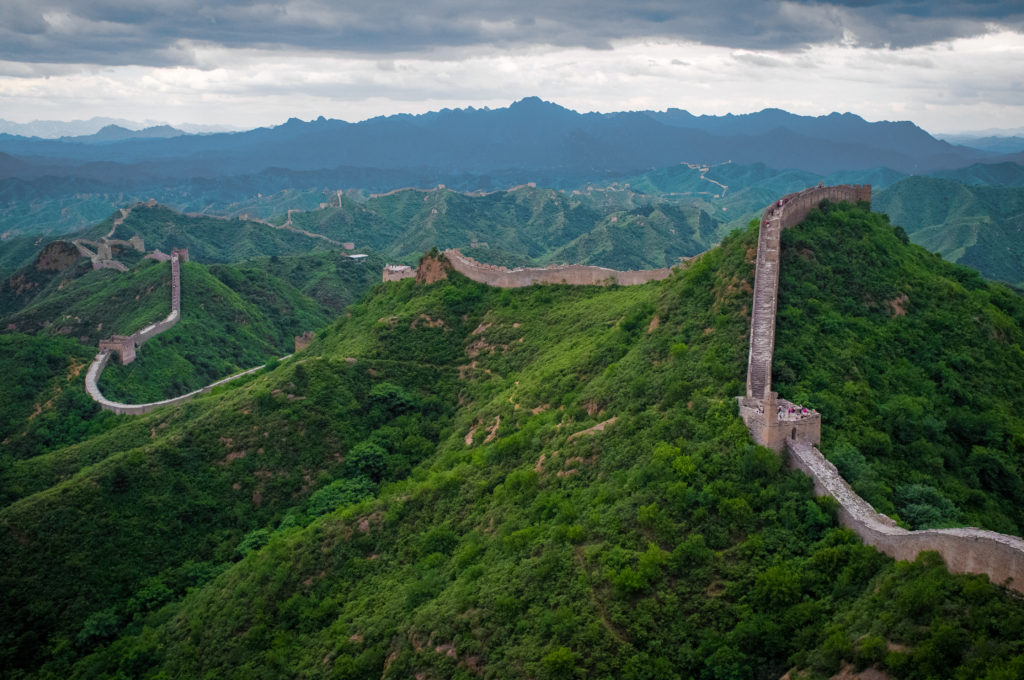 An aerial shot overlooking The Great Wall of China at Jinshanling