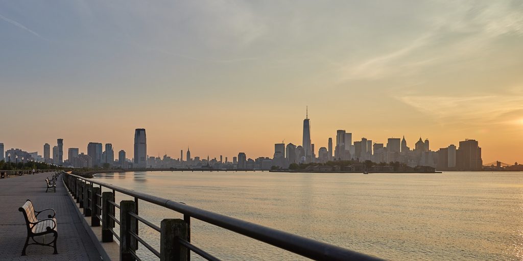 Views of Downtown Manhattan from Liberty State Park in Jersey City, NJ at Sunset