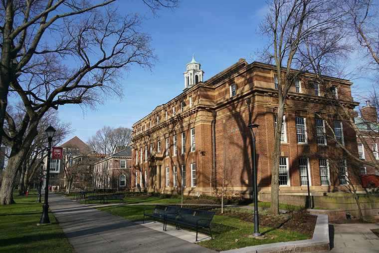 The campus of Rutgers University, with the historic engineering building on the right