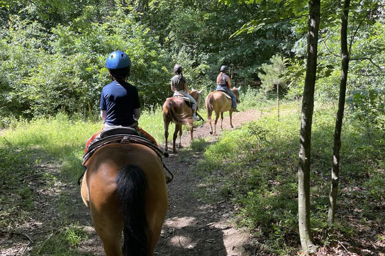 Children horseback riding through trail.