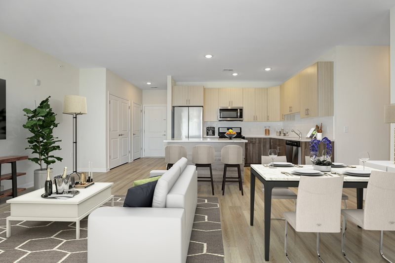 Looking into spacious modern open floor plan apartment at Pondview Estates