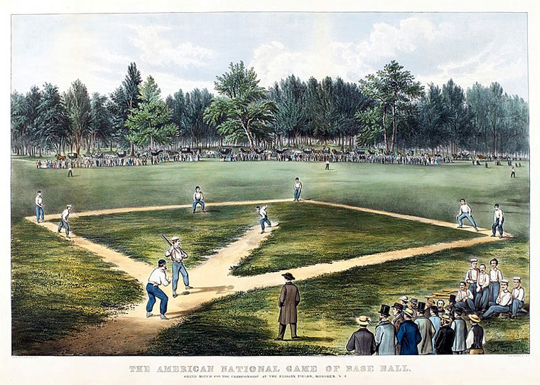 Historical illustration depiction of a baseball game at the Elysian Fields in Hoboken, NJ. Lithograph by Currier & Ives.