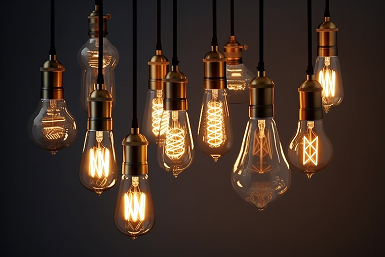 Close up view showing a variety of hanging Edison lightbulbs 