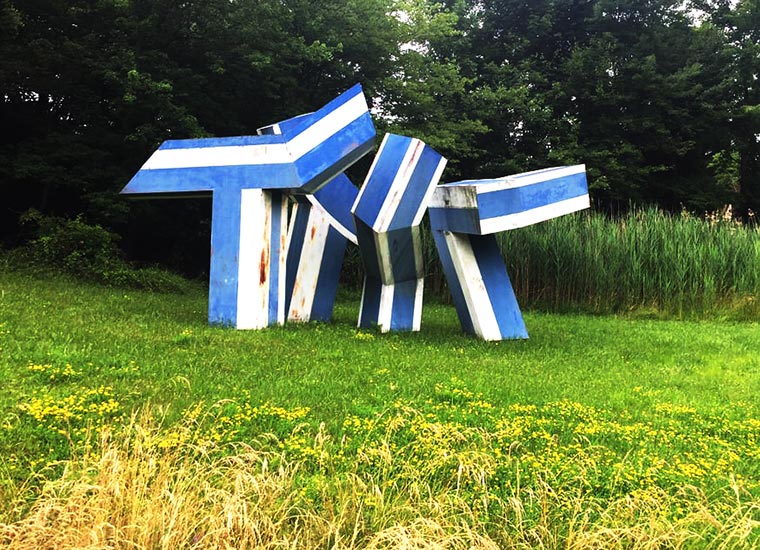 Abstract geometric sculpture on display at Riker Hill Art Park.